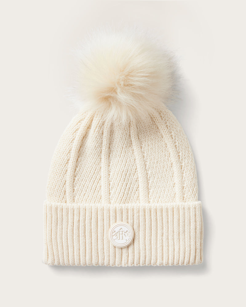 Hemlock Willow Pom beanie in Chalk color with White Pom