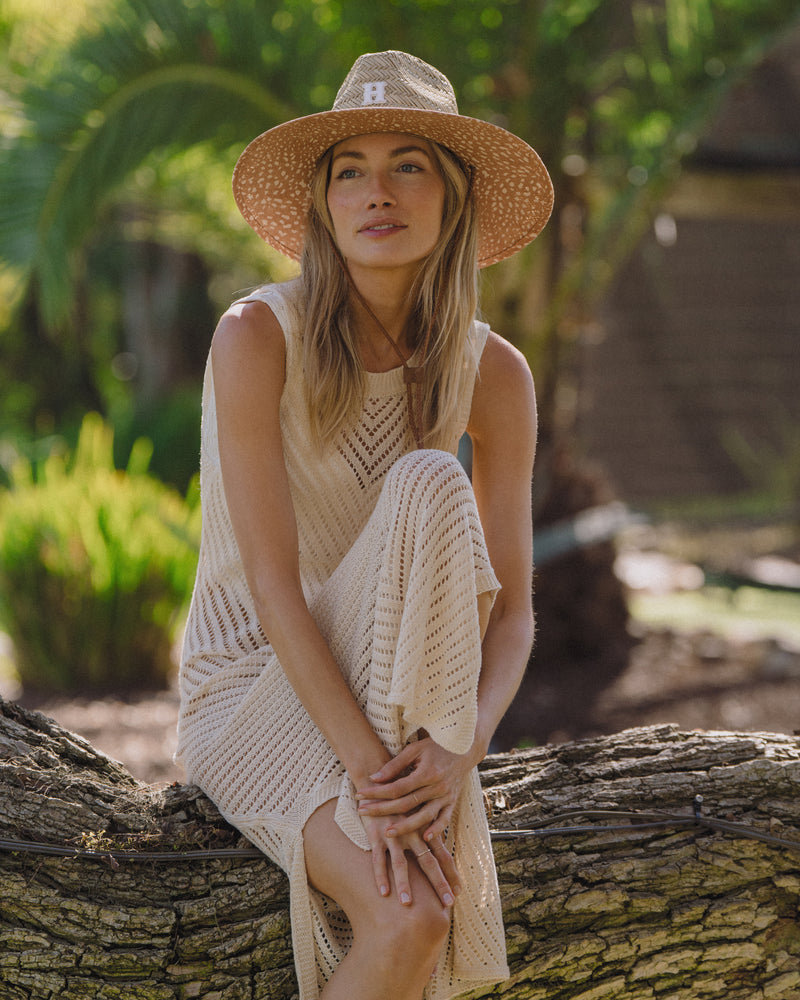 Hemlock female model wearing UPF50+ Lifeguard Straw Hat in Deer Sport print