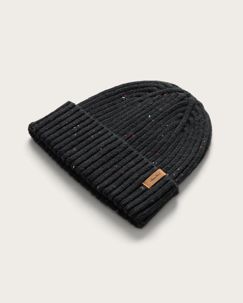 Hemlock Hawthorne Fleck Beanie in Black at an angle