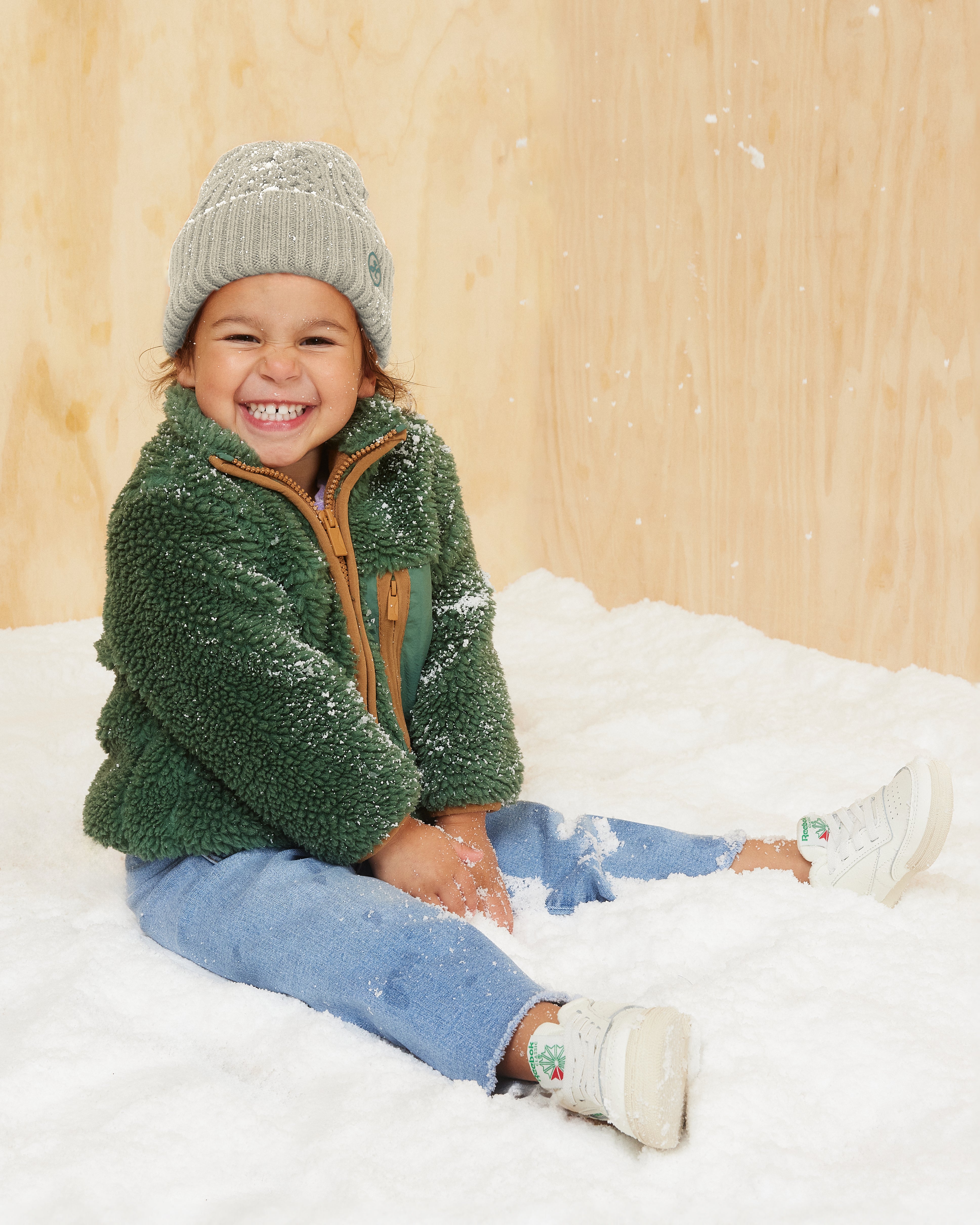 Hemlock little girl wearing the Toddler Vulcan Beanie in Grey Sage