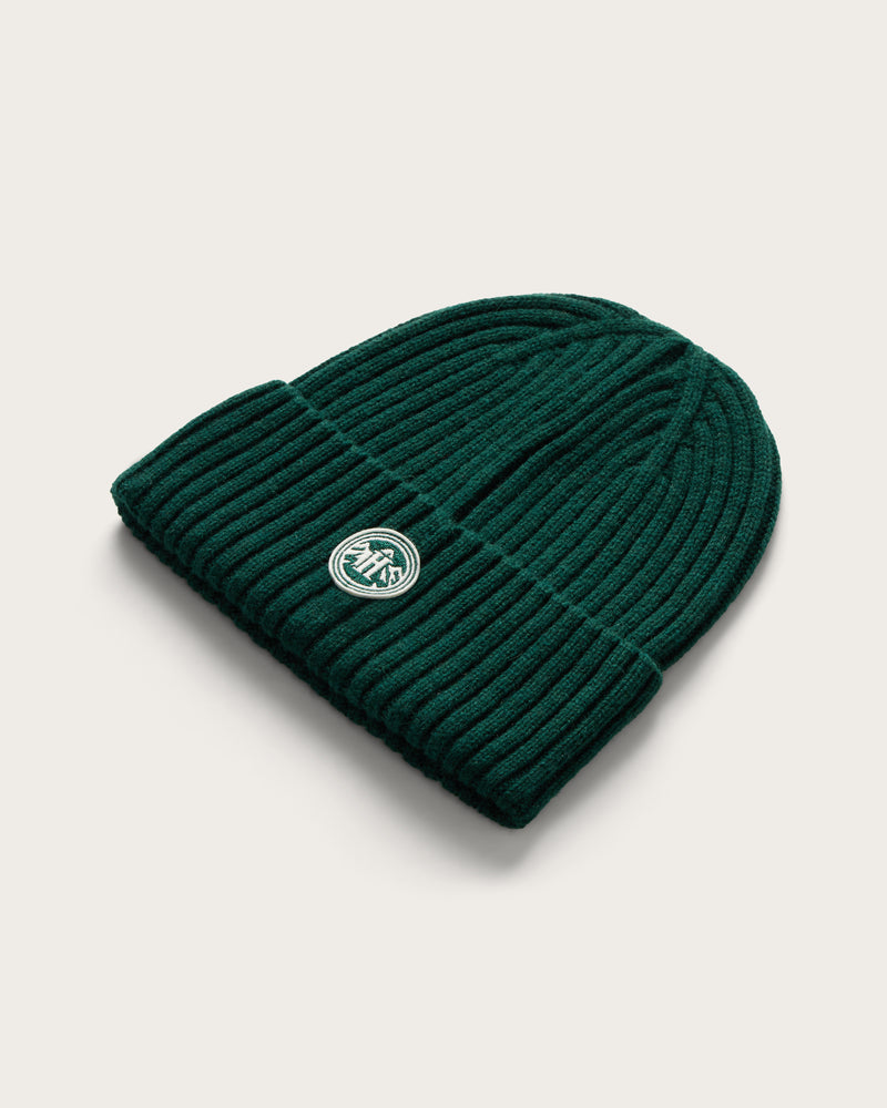 Hemlock Peak Beanie in Dark Green at an angle