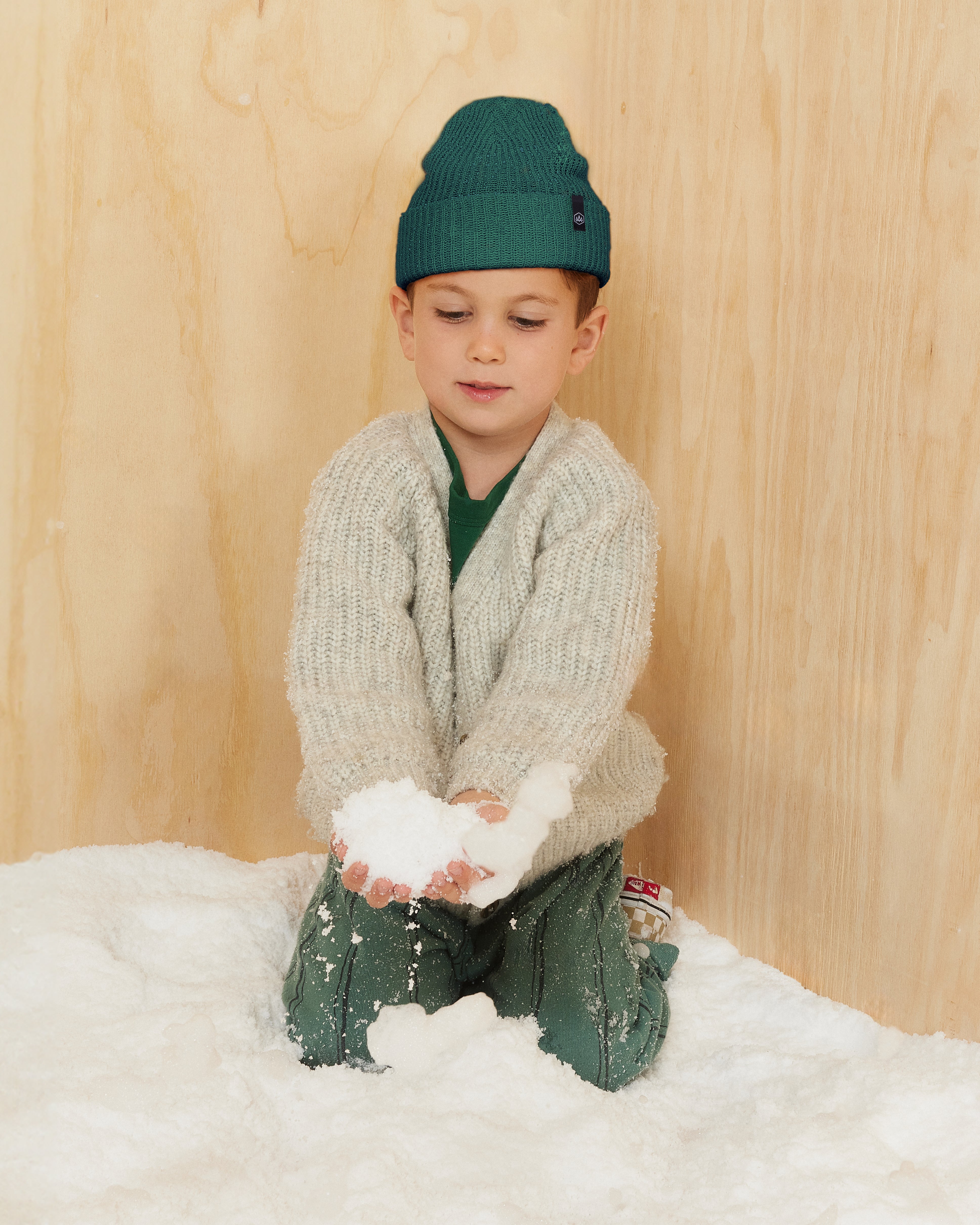 Hemlock little boy model wearing Toddler Ranger Beanie in Emerald