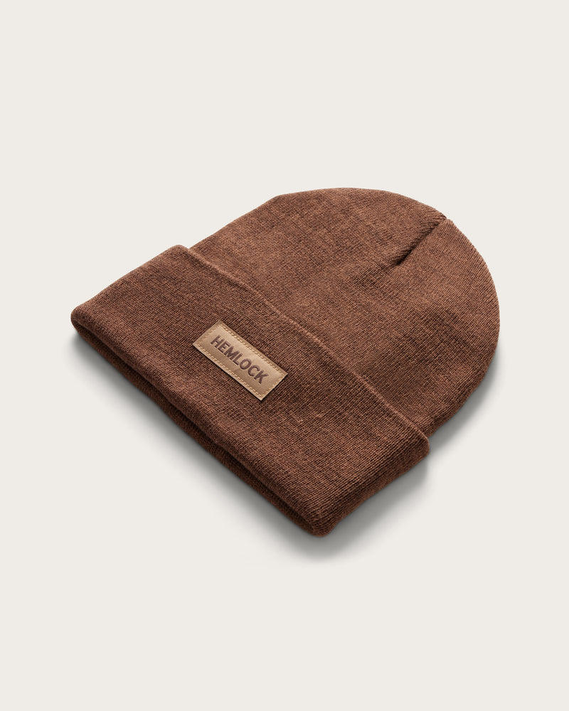 Hemlock Beacon Beanie in Mocha at an angle