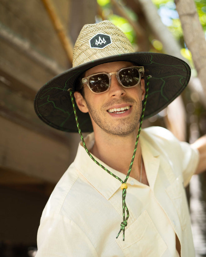 Hemlock male model wearing the UPF50+ Lifeguard Straw Hat Nomad Green print