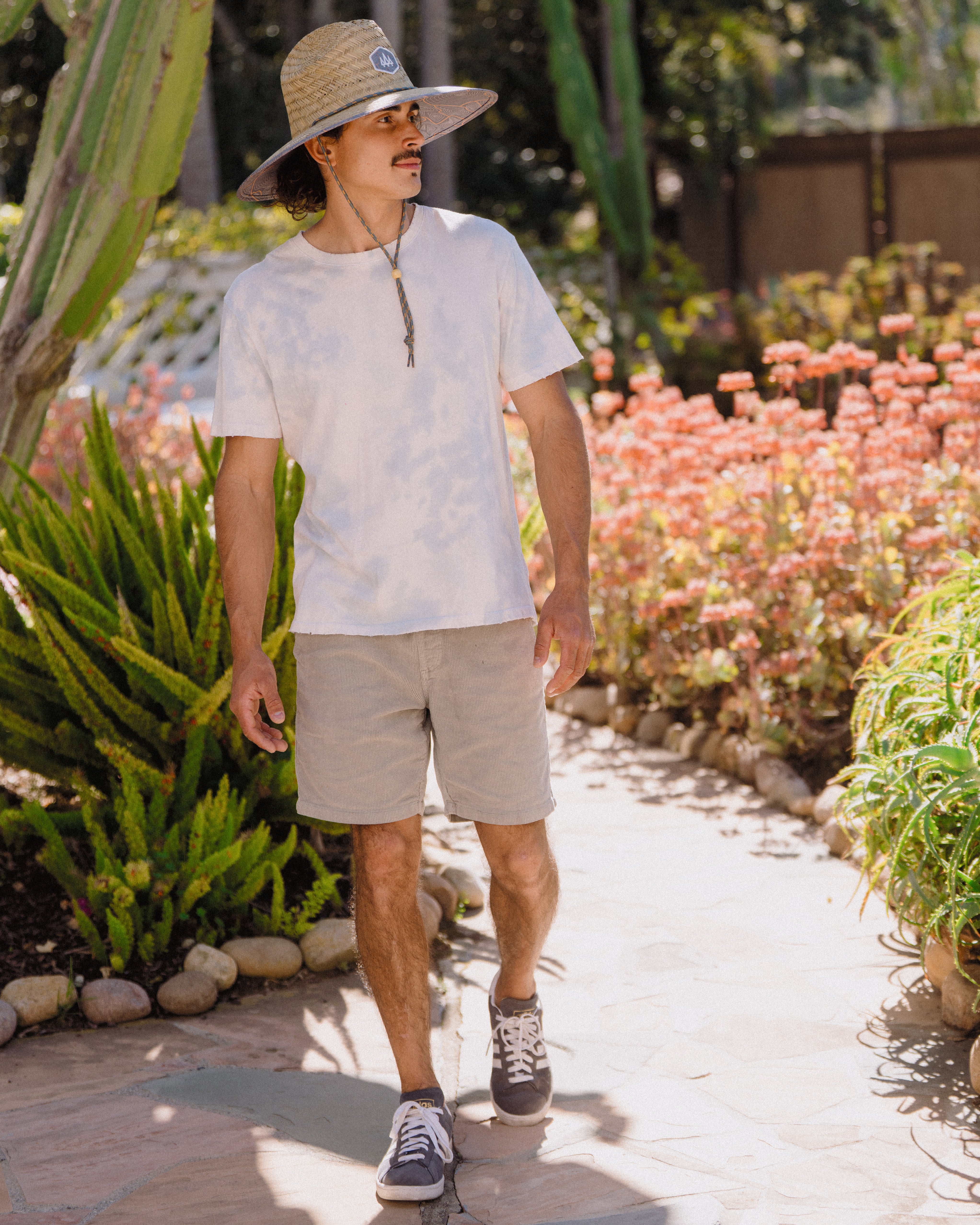 Hemlock male model wearing the UPF50+ Lifeguard Straw Hat Nomad Topography print