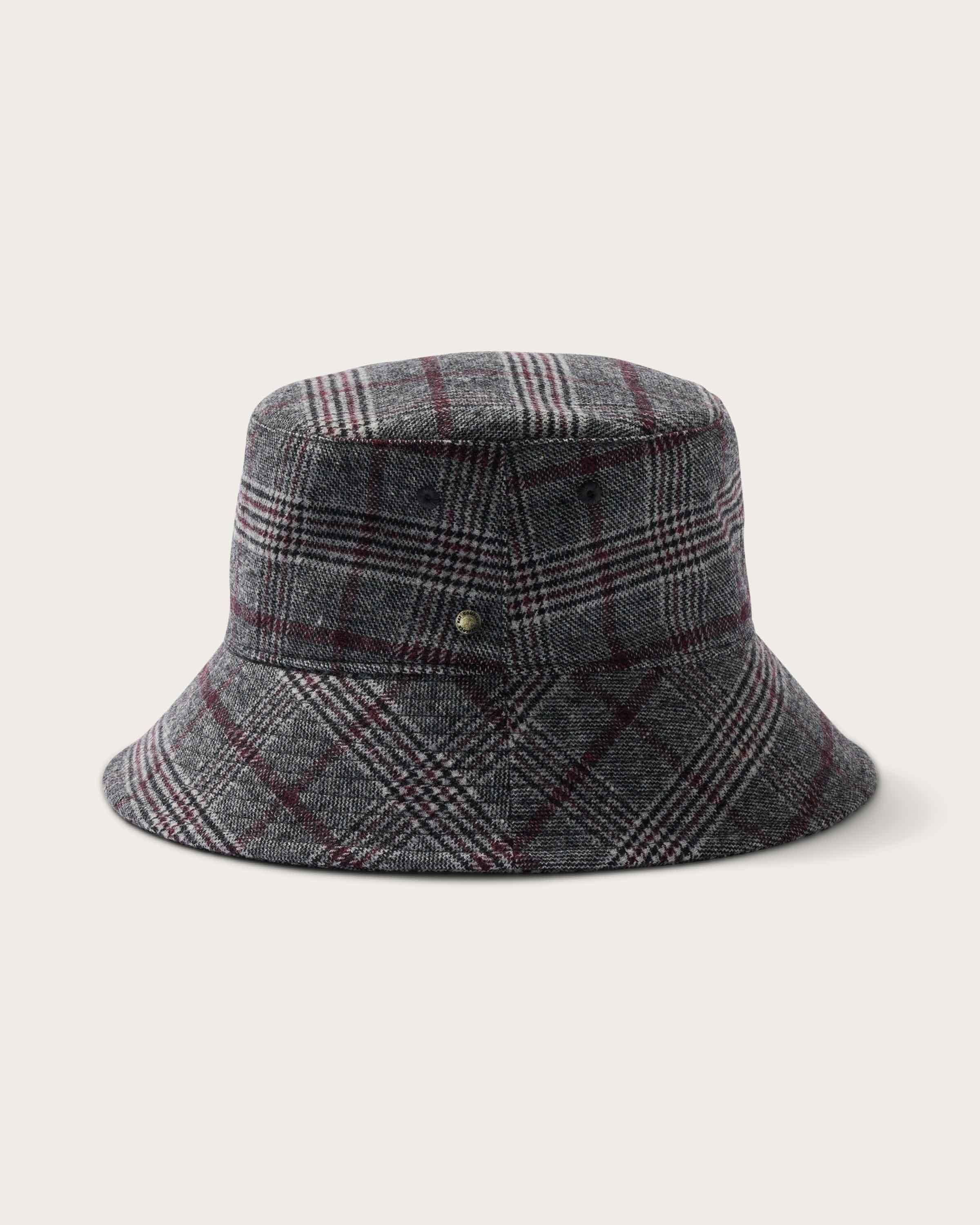 Hemlock Gable Wool Bucket Hat in Grey and Burgundy side profile