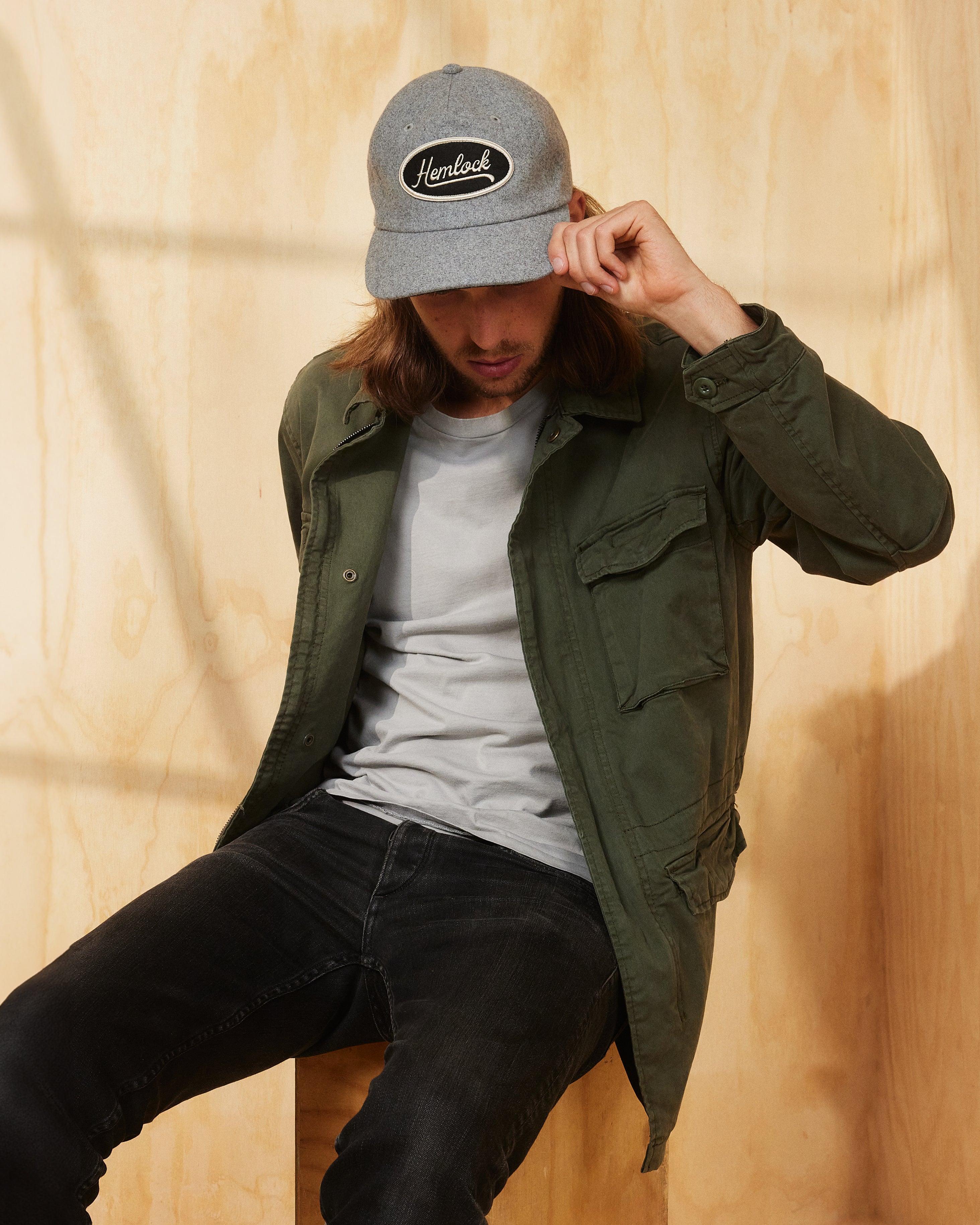 Hemlock male model wearing the Lynwood Baseball Hat in Grey 